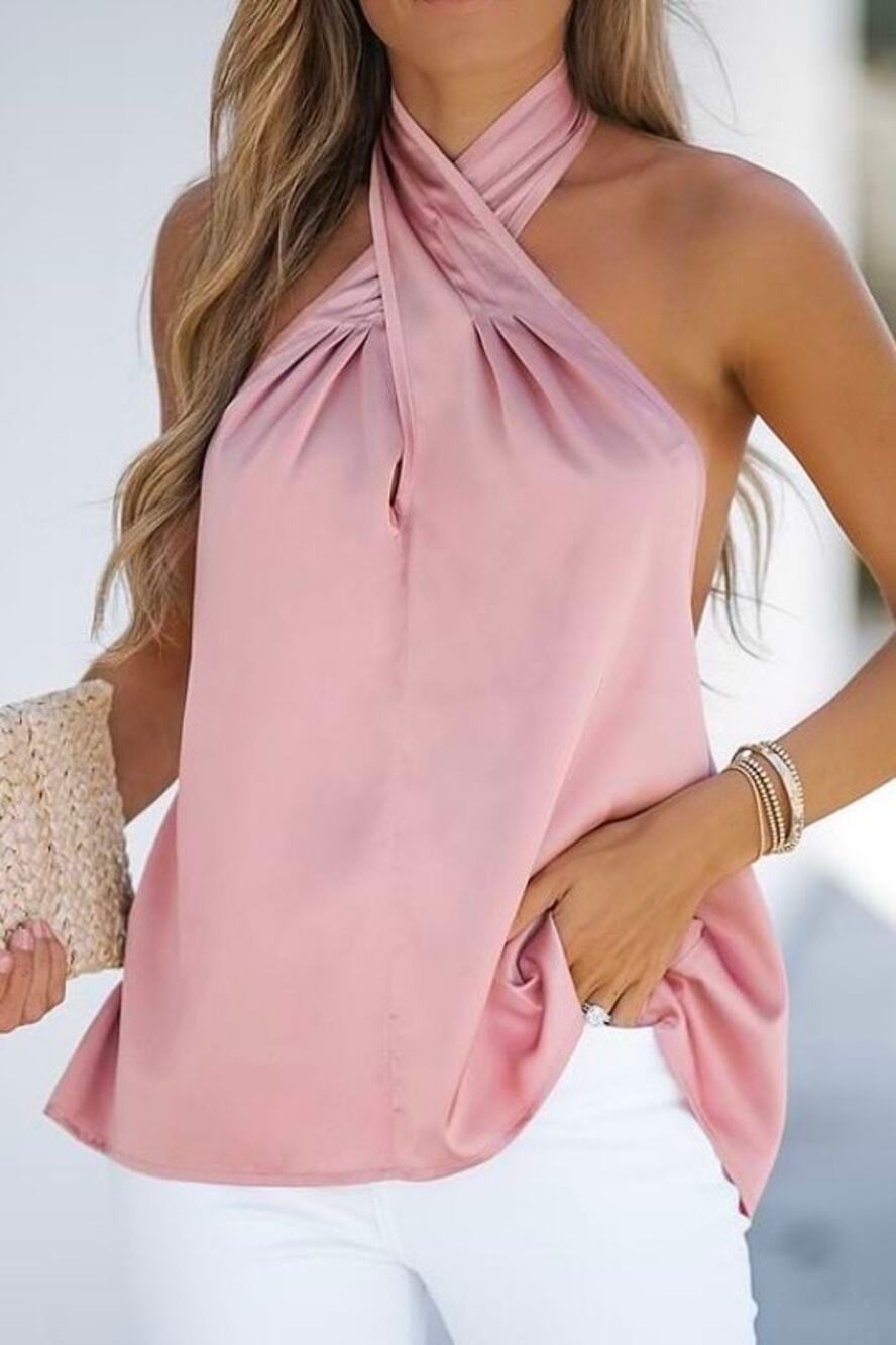 NWT Cupshe Pink Satin Crossover Neck Halter Tank Top Size S